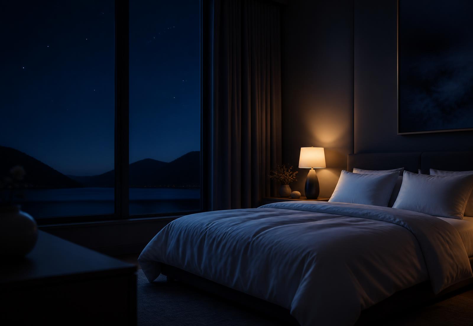 Dormitorio en calma iluminado por una lámpara cálida durante la noche